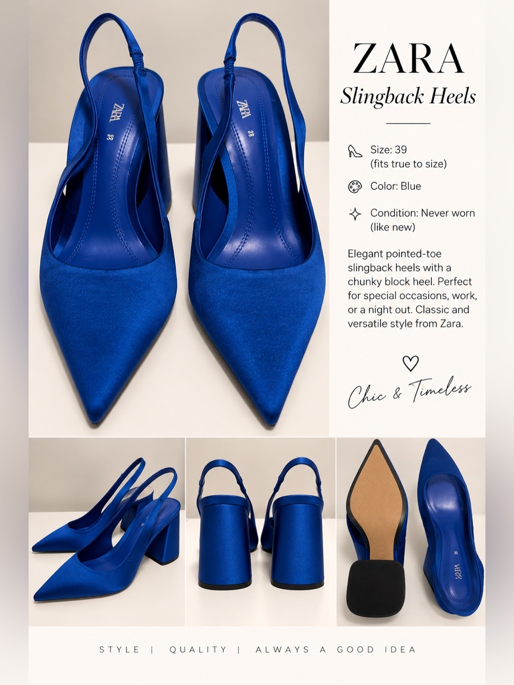 ZARA Blue Satin Pointed Toe Slingback Block Heels Size 39